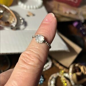 Silver Beaded Ring with White Stone size 5 1340